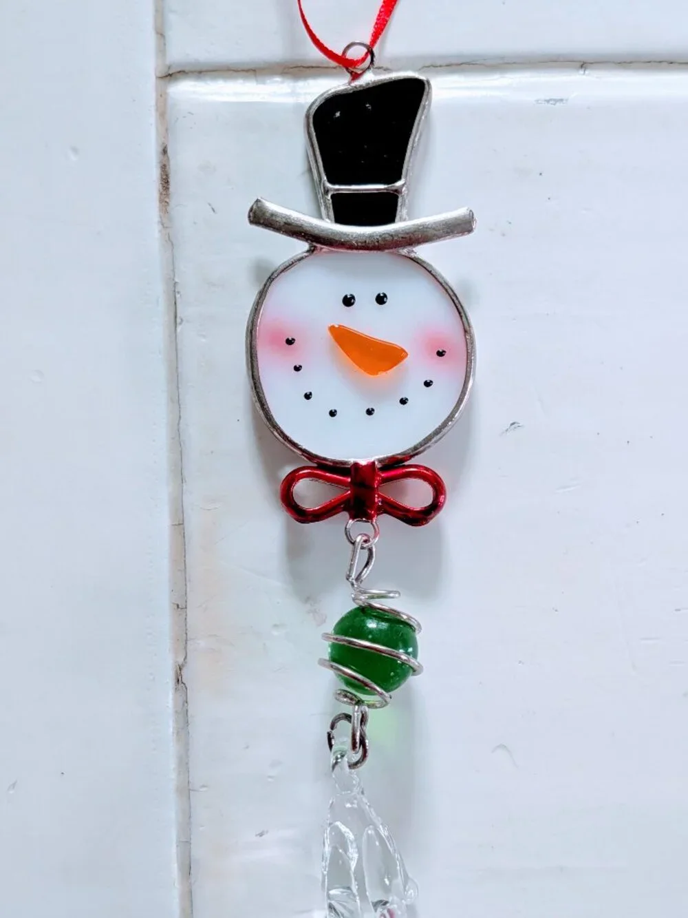 Set of 2 VTG Stained Glass Snowman Icicle Christmas Ornaments Suncatcher 9